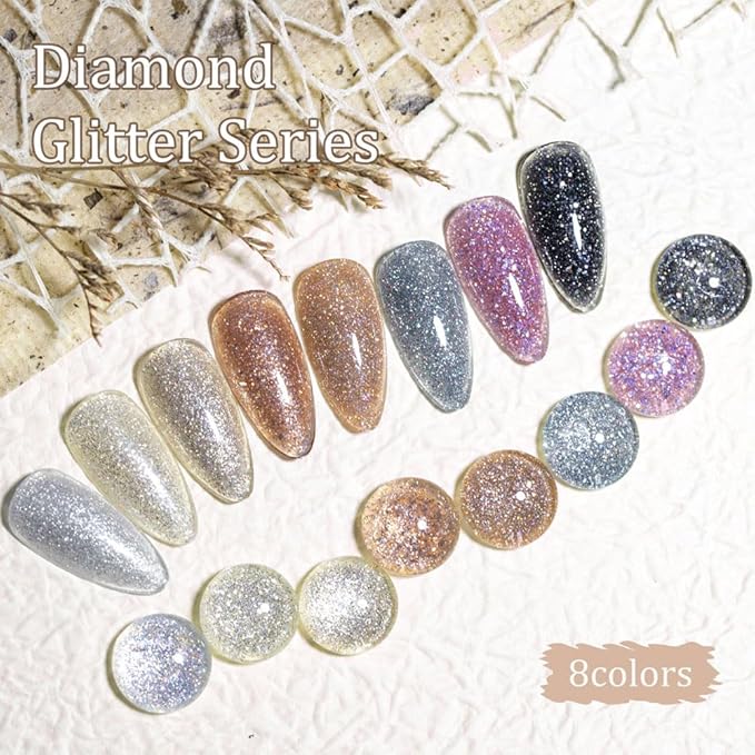 CANNI 8 Pcs 9 ML Glitter Diamond Gel Nail Polish Set, Shimmer Sparkly Shiny Black Gold Silver Blue Green Purple Colors Gel Polish Kit Soak Off Led Nail Art Manicure Salon DIY