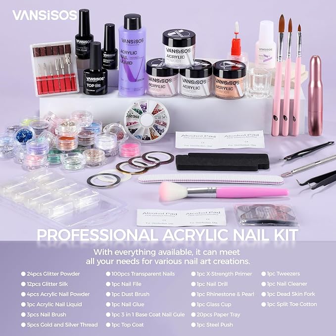 Professional Acrylic Nail Kit with Drill: Complete Nail Kit with Everything Acrylic Powder and Liquid Set with Glitter Powder Brushes X-Strength Primer for a DIY Home Salon Experience