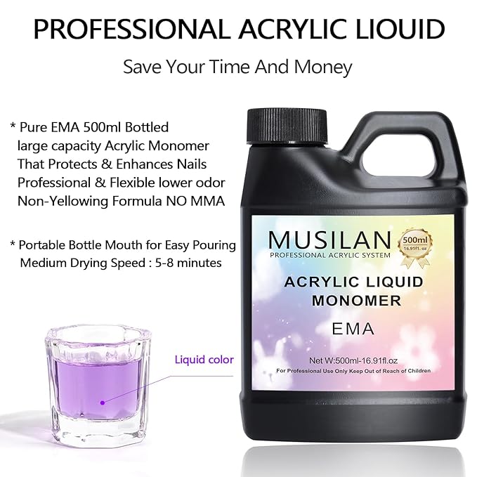 Monomer Acrylic Nail Liquid, Professiona 16.9oz Monomer Liquid for Acrylic Nail Sets and Acrylic Nail System Kit,MMA Free Monomer, Non-Yellowing Acrylic Liquid for Nails Salon DIY & Technician