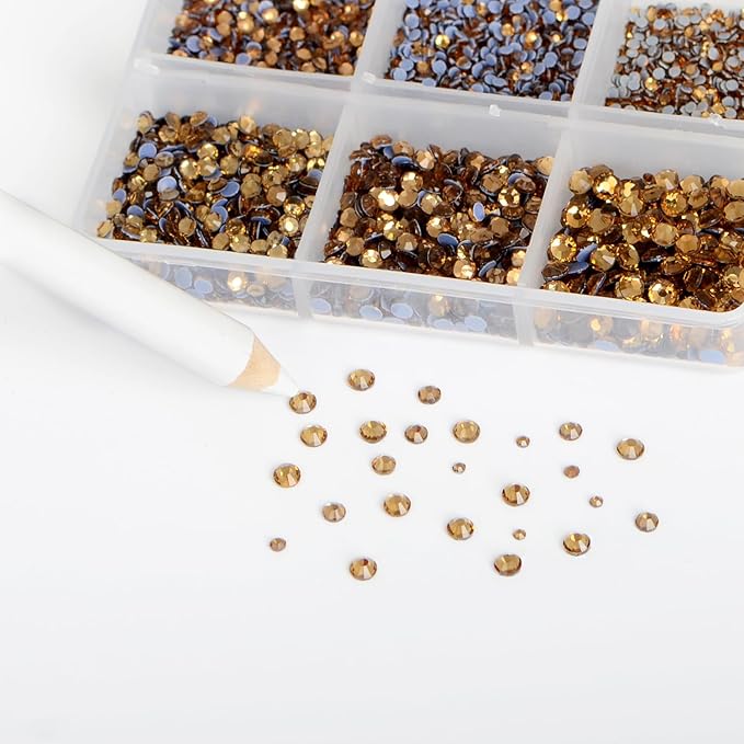 Bymitel Hotfix Crystal Rhinestones Round Gems for Crafts,Mixed 6 Sizes with Wax Pencil Kit, Lt. Topaz 1.3-3.2mm(SS3-SS12/8000pcs)