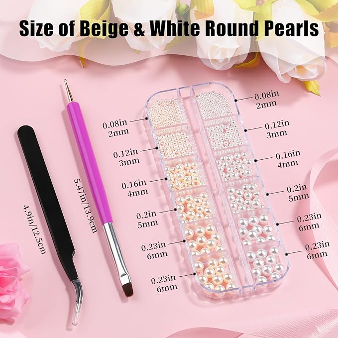 Multi Sizes Round Pearls 3D Nail Charms, 2-6mm White Pearls Nail Jewelry with Tweezers and Dual-end Brush for Women Manicure Nails Supplies DIY Crafts Decorations (21-K1-white-beads)