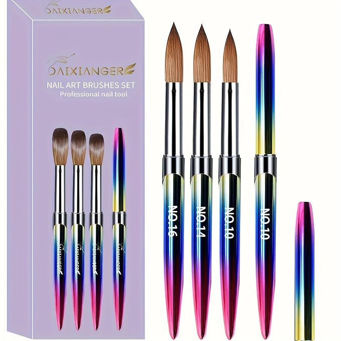 3PCS Professional Acrylic Nail Brush Set - Size 10/14/16 Brushes for Acrylic Powder Application, 3D Carving & Nail Art Extension, Ombre Handle Nail Tools for DIY Home Salon Manicure