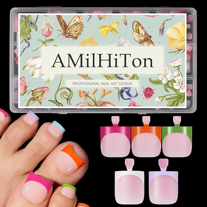 French Tip Toe Nail Press Ons, 150PCS Square Soft Gel Full Cover Toe Tips, 5 Colors (Pink/Orange/Green/White/Purple), 15 Sizes for Wide Nail Beds, Pre-Shaped for DIY French Pedicure & Salon