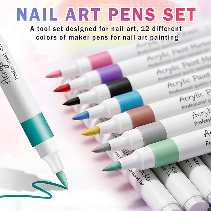 12 Colors Nail Art Markers Pens Set, Nail Polish Pens Nail Art Drawing Marker Pen Quick Dry Waterproof Nail Art Painting Pens Kit for Home DIY Nail Art Design