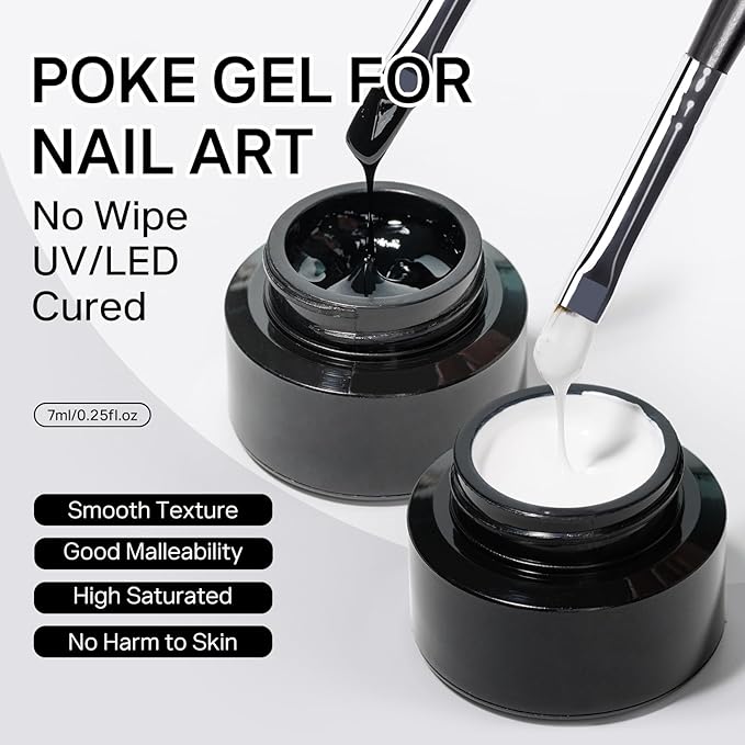 MIZHSE White and Black Poke Gel Nail Polish, with Professional Poke Foundation Gel and Brush Tool, Multifunctional Drawing Painting Nails Art Design Lace Letters Wave Flower Manicure DIY Home