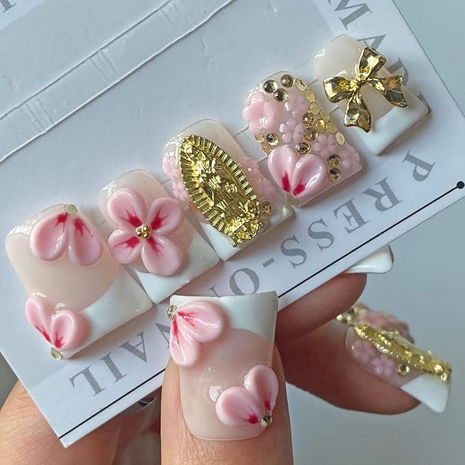 Luxury Press on Nails Short Duck Handmade 3D Unique Reusable ABS Material Fake Nails White French Tip False Nails with Designs Pink Flower Rhinestones Glossy Glue on Nail Thick Acrylic Nail(S)