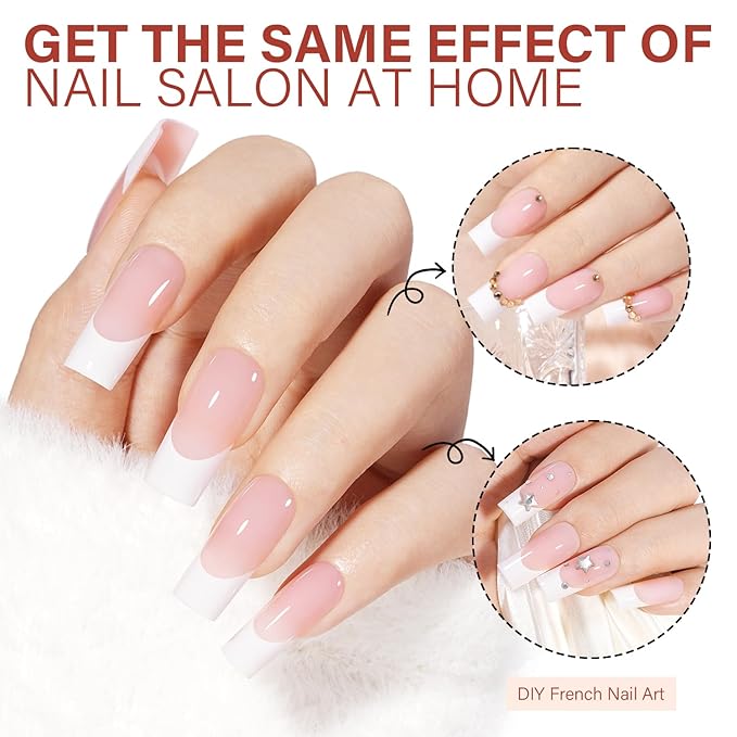 AILLSA French Gel Nail Tips, 180 Pcs Pink French Tip Press On Nails Long Square, Pre-Applied Primer & Base Coat, No Need File, Fake Nails with Designs DIY for Women Gift 15 Sizes