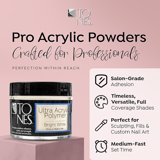 Tones Pro Acrylic Nail Powder, Sparkling Bright White (White with Sparkles), (8.5 Fl Oz) - Long-Lasting & Non-Yellowing Polymer for Salon Quality Nail Extensions & 3D Art