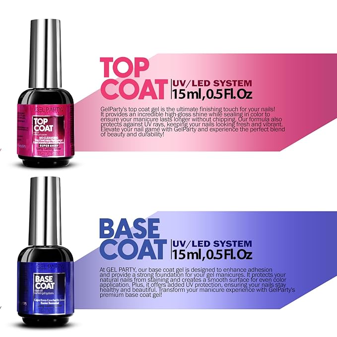 GELPARTY Gel Top Coat & Base Coat Set 2x15ml – No Wipe, HEMA-Free, Long-Lasting UV/LED Soak-Off Gel Nail Polish Kit, High Gloss Shine, Strong Adhesion, Chip-Resistant, Salon & DIY Manicure Essentials