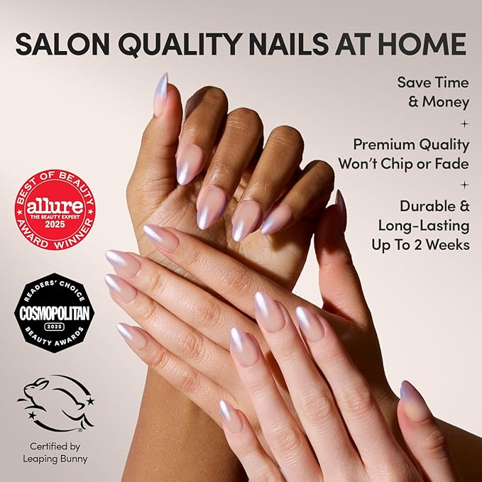 Glamnetic Press On Nails - Polar Night Fake Nails | Short Almond Fake Nails with Ombré Silver Tips and Glossy Velvet Finish, Salon Quality | 15 Sizes - 30 Nail Kit with Glue