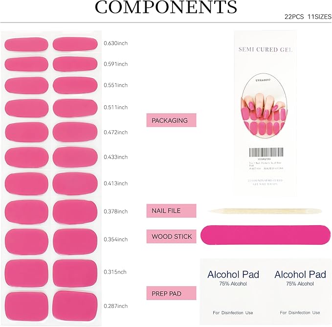Semi Cured Gel Nail Strips Plum Red Solid Gel Nail Stickers with UV/LED Required Long Lasting Gel Nail Stickers Includes 22 Strips 2 Prep Pads, Nail File & Wooden Stick