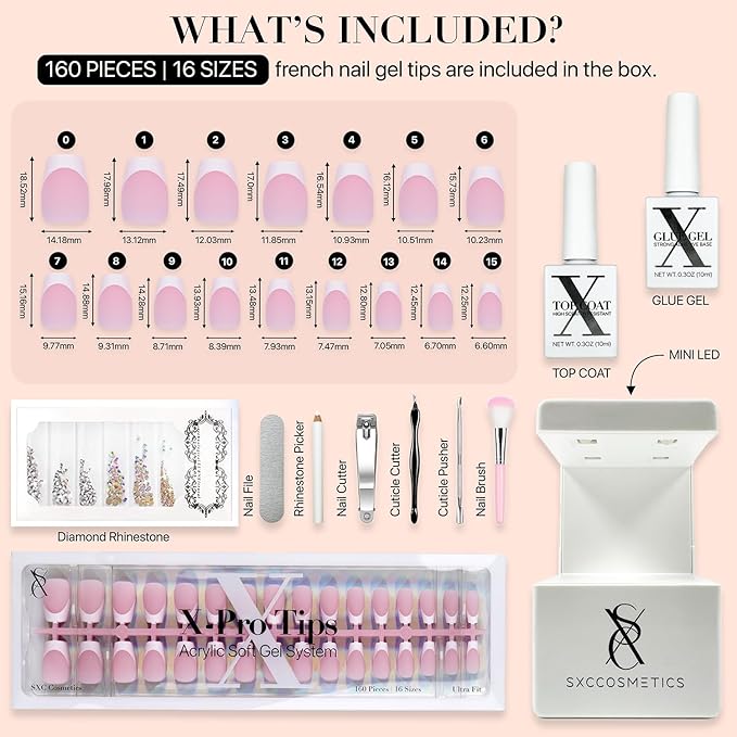 SXC Cosmetics French Tip Press On Nails Pink Series, Small Coffin X-Pro Tips Starter Kit