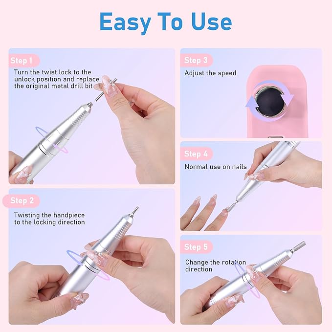 Electric Nail Drill Professional 45000 RPM, Rechargeable Cordless Electric Nail File Machine Kit for Acrylic Gel Nails Polishing Removing, Quiet E-File with Bits for Manicure Salon Home