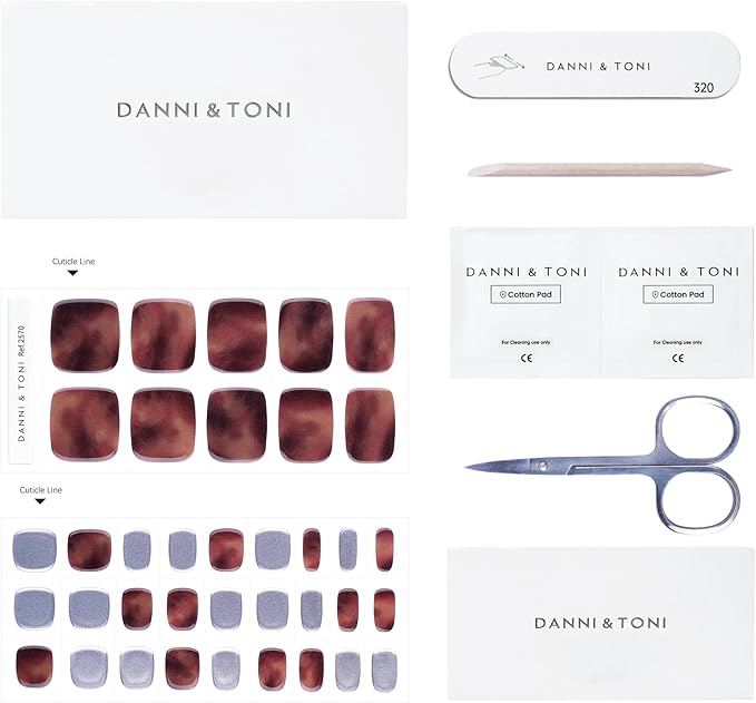 DANNI & TONI Semi Cured Gel Toenail Strips Amber (Sienna Glow) Silver Gel Toenail Stickers Ombre Pedi Wraps 37 Stickers