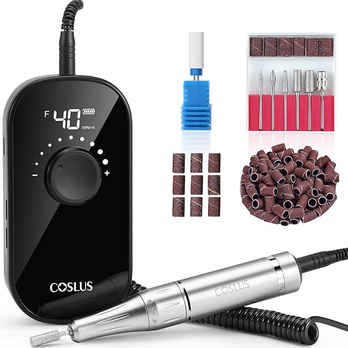 COSLUS Professional Rechargeable Electric Nail Drill 40000 RPM, Portable Nail File with Storage Stand for Acrylic Gel Polishing Removing - Easy to Use for Women, Manicure at Home DIY or Salon, Black