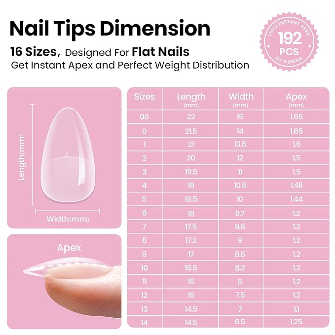 Beetles Tipex Lite Apex Nail Tips Kit, Almond Short, 192pcs 16 Sizes, with UV Nail Glue, Base & Top Coat, Mini Nail Lamp, Nail Clipper & Cuticle Nipper,Pre-Building Pre-Etched Acrylic Tips Kit
