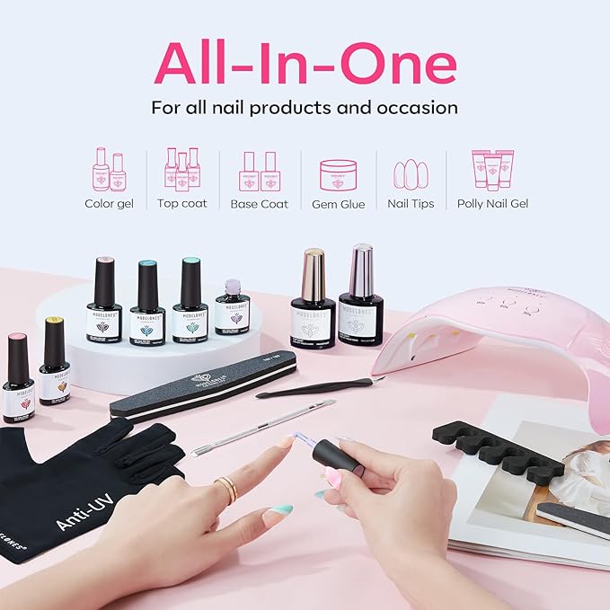modelones Gel UV LED Nail Lamp with UV Gloves and Nail Art Brushes Set, Nail Art Design Pen Painting Tools with Nail Extension Gel Brush, Nail Art Liner Brush and Nail Dotting Pen for Gel Polish Mani
