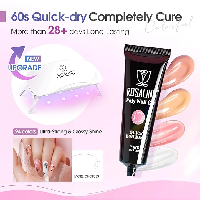 ROSALIND Poly Nail Gel Kit -24 Colors + Pink Glitter with Accessories Clear Nude Poly Nails Gel Starter Kit with Mini UV Lamp Slip Solution Base Top Coat Nude Pink Extensions Set