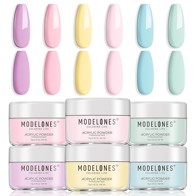 Modelones Pink Acrylic Powder 6 Colors Acrylic Nail Powder Kit Pastel Yellow Blue Purple Macaron Spring Nail Acrylic Cover Powder for Nail Art Extension No Nail Lamp Needed
