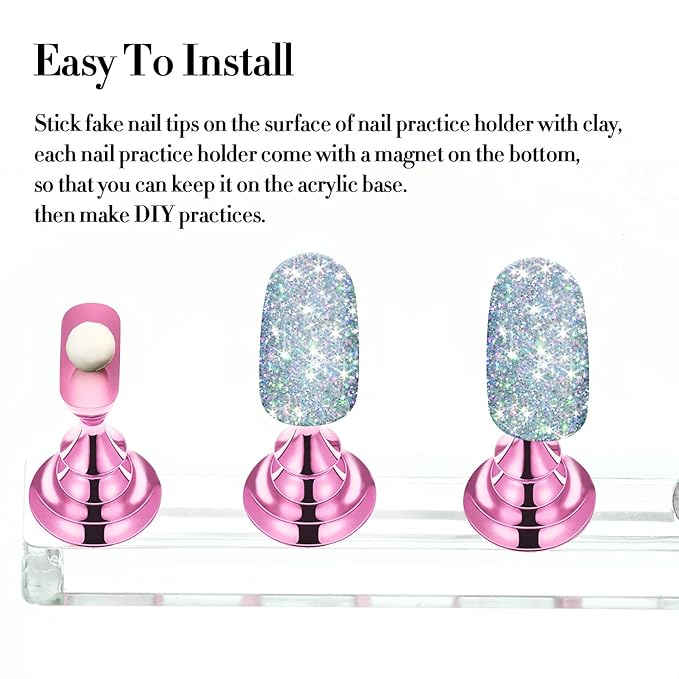 Blulu 2 Set Nail Stand for Painting Press Nail Holder Acrylic Magnetic Tips Training Fingernail Display Stands DIY Crystal Holders and 96 Pieces White Reusable Adhesive Putty(Metal Pink)