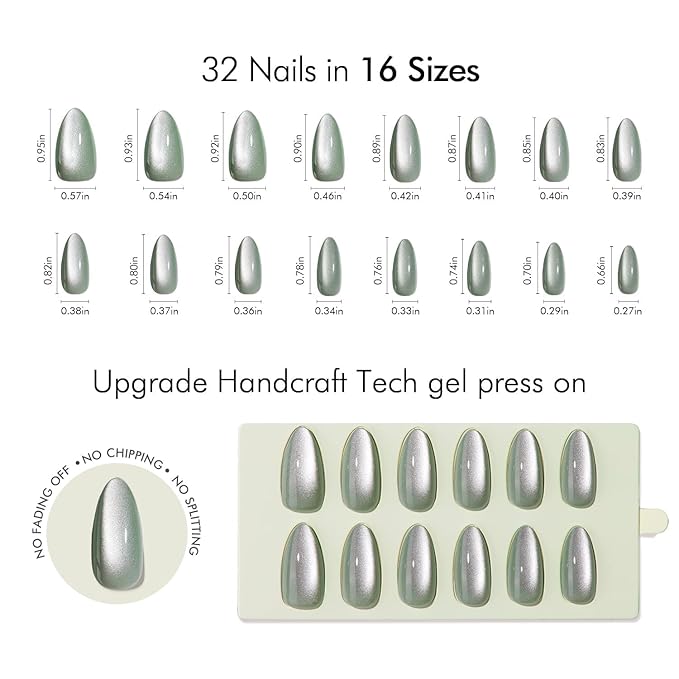 VSALON Press On Nails Medium Almond, Green Cat Eye Holographic Chrome Nails, Salon Quality Shimmer Fake Nails Kit - 32 PCS Stick on Nails in 16 Sizes with Glue & Cuticle Oil