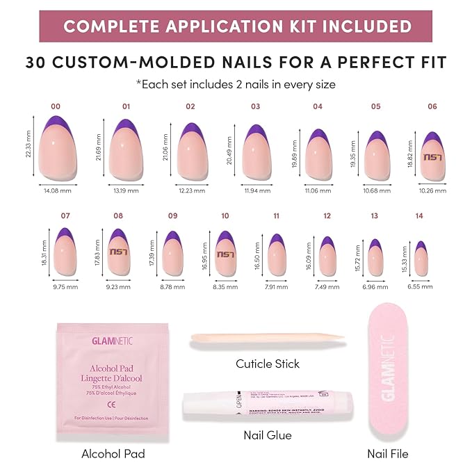 Glamnetic x Fanatics Press On Nails - LSU Tigers | Short Almond Fake Nails, Collegiate Tigers Purple French Tips, College Nails, Salon-Quality | 15 Sizes - 30 Nail Kit with Glue