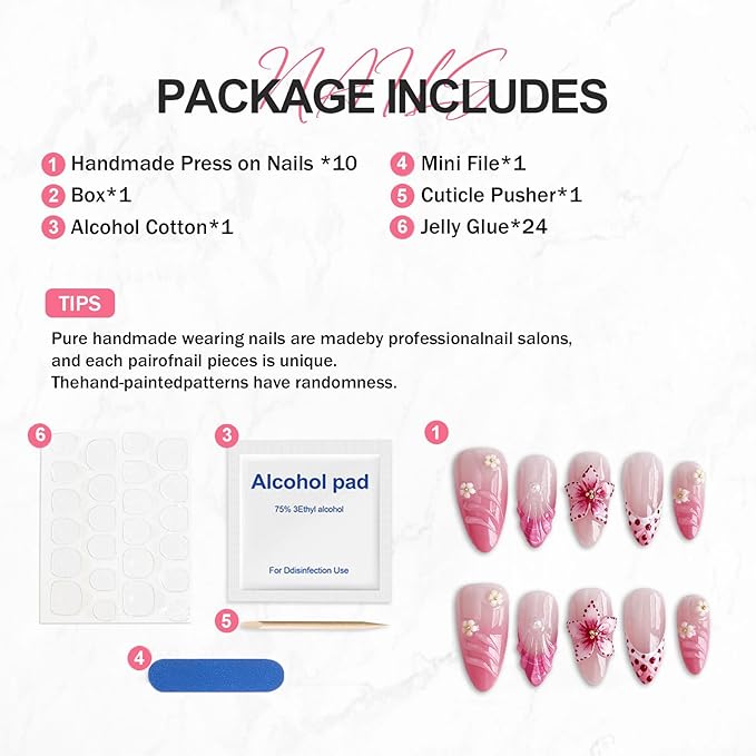 Flower Press on Nails Medium Almond Handmade 3D Water Ripple Pearl False Nails with Designs Luxury Handmade on Nails Floral Embossed French Tip Fake Nail Art Glossy Thick Acrylic Nails (Size S)