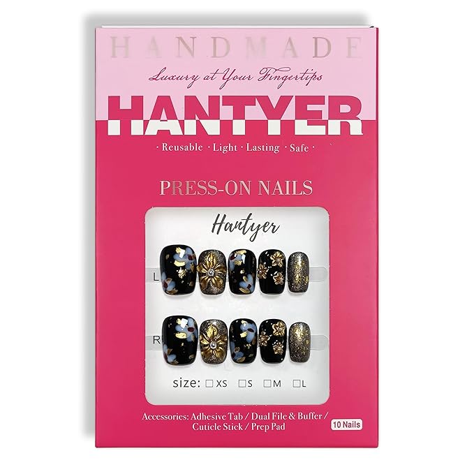 Black Press on Nails with Handmade 3D Gold Flowers & Gold Lines - Short Square Glossy Luxury Fake Nails, Reusable Elegant Vintage False Nails for Women Fall Winter Party Evening Gala, Size S