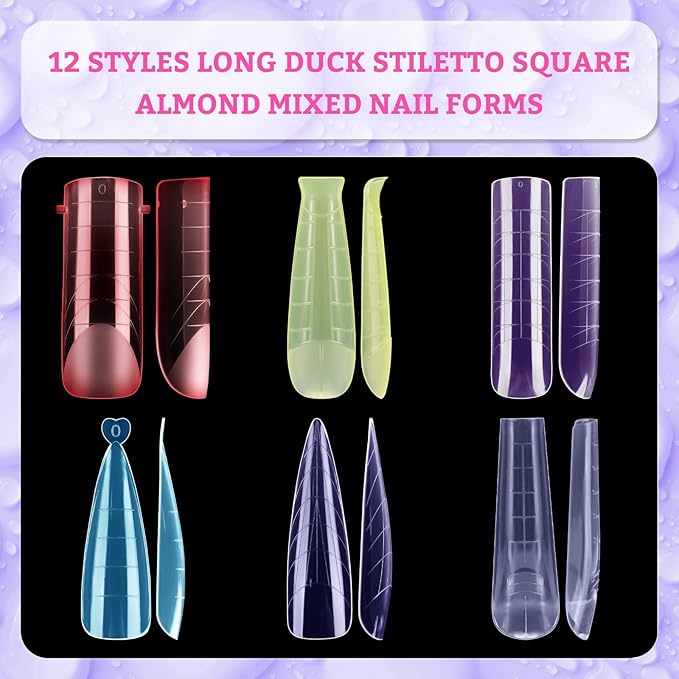 288pcs Long Mixed Dual Nail Forms Clear Multicolor Full Cover Nail Art Mold with Scale for Polygel Extension Beginners DIY Manicure 12 Styles Long Duck Stiletto Square Almond Mixed Nail Forms