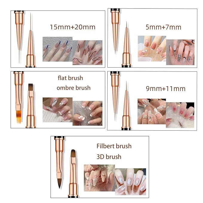 Nail Art Brushes Set, 5pcs Double-Ended Acrylic Nail Art Brushes Liner Detail Thin Brushes Nail Drawing Pen 3D Nail Art Decorations for Acrylic Application Salon at Home DIY Manicure