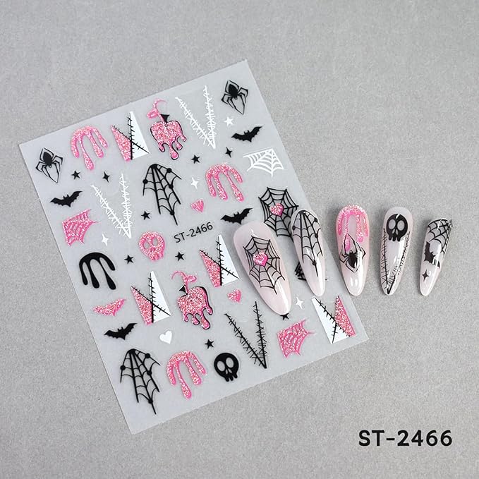 6 Sheets Halloween Nail Stickers Decals Pink Glitter Pumpkin Blood Drop Nail Sticker Black Spider Web Bat Nails Decals Self-Adhesive White Ghost Skull Nails Art Sticker Decal for Women Halloween Decor