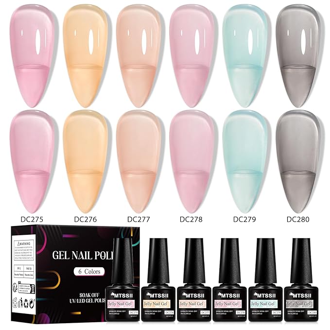 MTSSII Sheer Crytal Gel Nail Polish Set Jelly Gel Polish Kit 6 Colors Translucent Pink Blue Orange UV Nail Polish Glass Gel Polish Neutral Soak off Manicure Kit