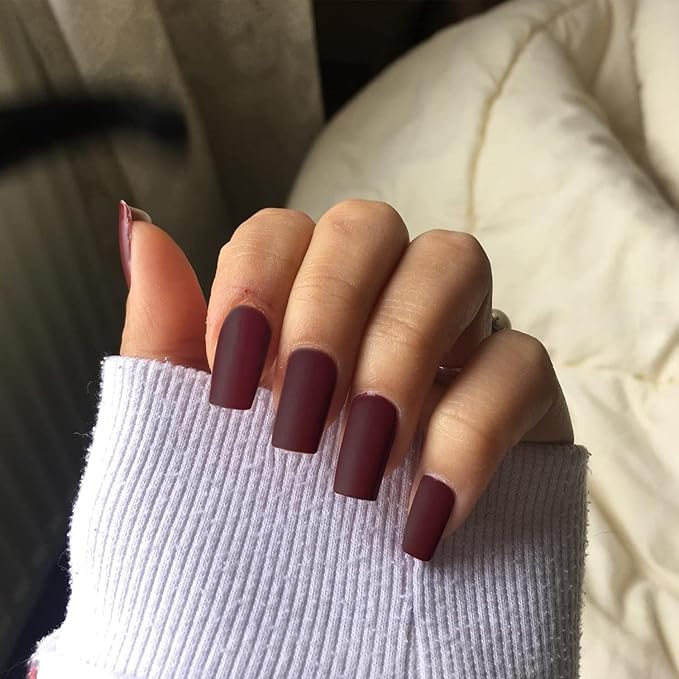 KQueenest Matte Wine Red Press on Nails Long Medium Square, Burgundy Red Fake Nails Medium Coffin, Sheer Color Acrylic Nails Press ons, Reusable Soft Gel Glue on Nails for Women Fall Winter