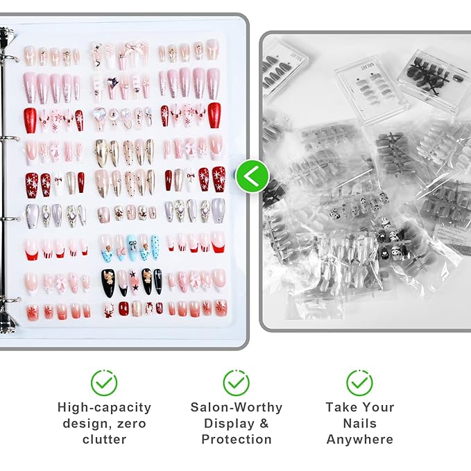 Large Press-on Nails Organizer Book Set Clear Press ons Nail Storage Box Binder Removable Loose-Leaf Packaging Case Salon Sample Styles Display Supplies 6 Page A4