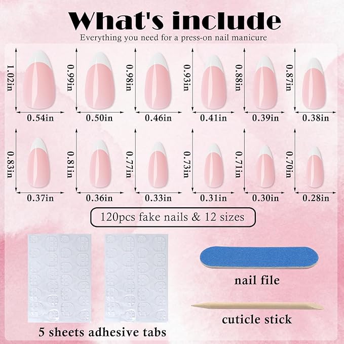 AddFavor French Tip Press on Nails Medium Almond Fake Nails, 120pcs White French Tip Nails Glossy Nude Almond Nails Press on Artificial False Nail with Adhesive Tab for Women Girls