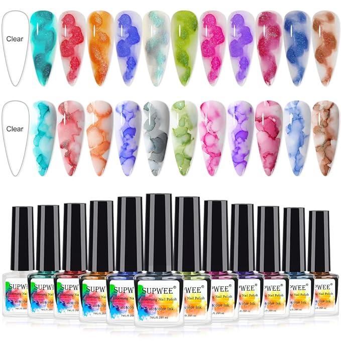 Blooming Watercolor Ink Nail Polish Marble Nail Polish Flower Blossom Nails for Spreading Marble Effect Manicure 12 Colors 7ml(0.25fl oz)