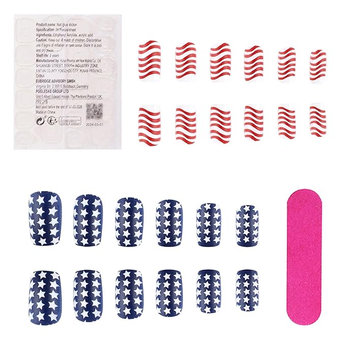 4th of July Press on Nails Short Square America Flag Fake Nails Full Cover Striped Stars False Nails with Designs Glossy Glue on Nails USA Acrylic Nails Handmade Acrylic Nails for Women Girls 24Pcs