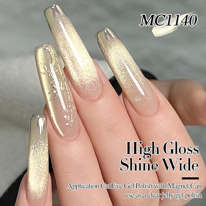 Double Rhythm Cat Eye Gel Polish with Magnet 15ML Ice Glass Holographic Glitter Shimmer Translucent Sheer Color Salon Soak Off Magnetic at Home (Gold-MC1140)