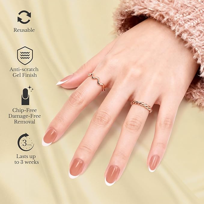 Press On Nails French Tip Almond - White Glossy Acrylic, Long Lasting Reusable Fake Nails with Glue, Adhesive Tabs, File, Prep Pad, Manicure Stick 30Pcs in 15 Sizes for Everyday or Fall