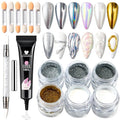 Chrome Nail Powder Kit, 6 Colors Chrome Powder with 3D Sculpting Gel for Nail Art Gold Silver Metallic Mirror Effect Pigment Holographic Glitter White Pearl Dust Kit for Manicure Decor