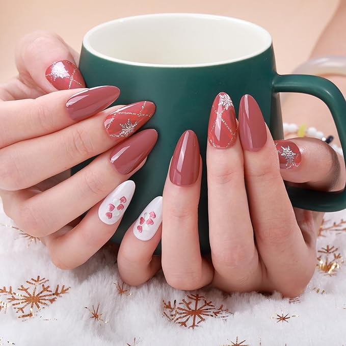 6 Sheets Christmas Nail Wraps Full Stickers Nail Polish Strips, Cute Grid DIY Self-Adhesive Glitter Nail Art Decals Snowflake Xmas Tree Red Green Party Decor with 1 Pcs Nail Files (128 Pieces)