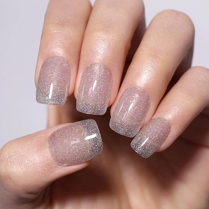 Glitter Gel Polish,0.5 Fl Oz Clear Silver Iridescent Glitter Gel Nail Polish Sparkle Shimmer Gel Glitter Nail Polish Summer Rainbow Soak off LED UV Gel Nail Polish for Art DIY Manicure