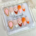 Luxury Medium Almond Press On Nails – French Tip with 3D Flowers, Pearls & Gold Design | Reusable Acrylic Gel Fake Nail | hand made nails