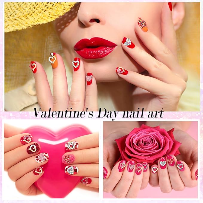60 Pcs Valentine Heart Nail Charms for Nail Art Bulk 3D Bling Heart Rhinestone Decals Alloy Crystal Charms Diamonds Decor Love Gem Decals for Women Valentine's Day DIY Jewelry Accessories