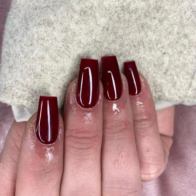 KQueenest Marron Red Press on Nails Long Medium Square, Burgundy Red Fake Nails Medium Coffin, Glossy Opaque Color Acrylic Nails Press ons, Reusable Dark Soft Gel Glue on Nails for Women Fall Winter
