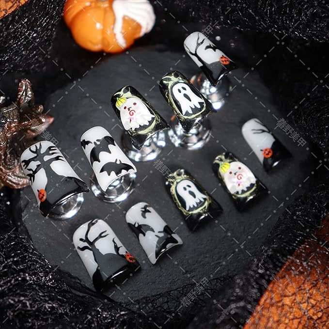 Halloween Press on Nails Ghost Press on Nails Short Duck Fake Nail with Pumpkin Head Bat Designs Handmade Full Cover Glitter Halloween Glue on Nail for Women Girls (Size S)