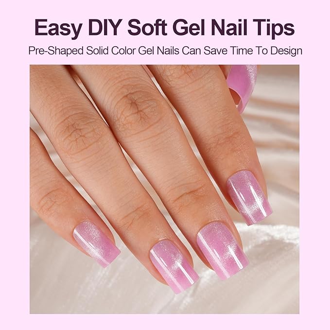 Cat Eye Press on Nails, 300Pcs XS Short Square Cat Eye Nail Tips, Glossy Glitter Soft Gel Fake Nails for Women and Girls Stick On Nails in 15 Sizes
