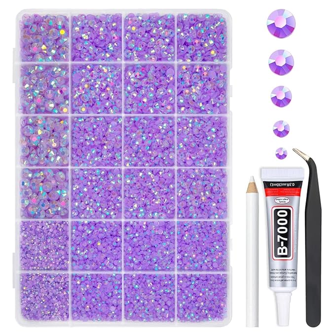 Light Purple AB Resin Rhinestones w B7000 Glue for Bedazzling Crafting 2mm-6mm Violet Flatback Jelly Stones Diamonds Gems Bedazzler Kit for Nails Face Makeup Tumblers Bottles DIY Crafts Shoes