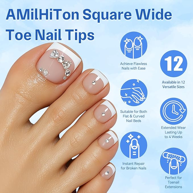 Toe Nail Tips, Square Half Cover for Wide Short Nail Beds, Matte Pre-shaped Press on Toenails for Women Extensions Home DIY Nail Salon 360PCS 12Sizes