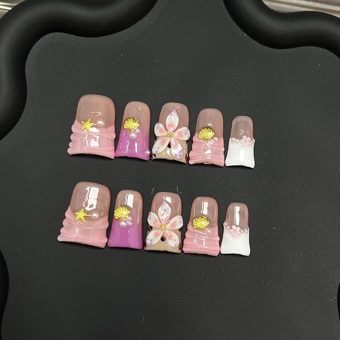 10pcs Handmade Press on Nails for Women - Medium Duck Curve 3D Thick Acrylic Fake Nails Reusable,Designer Floral Butterfly Rhinestones Bling Boho Funky Y2k Nail-art Set,S,pink floral